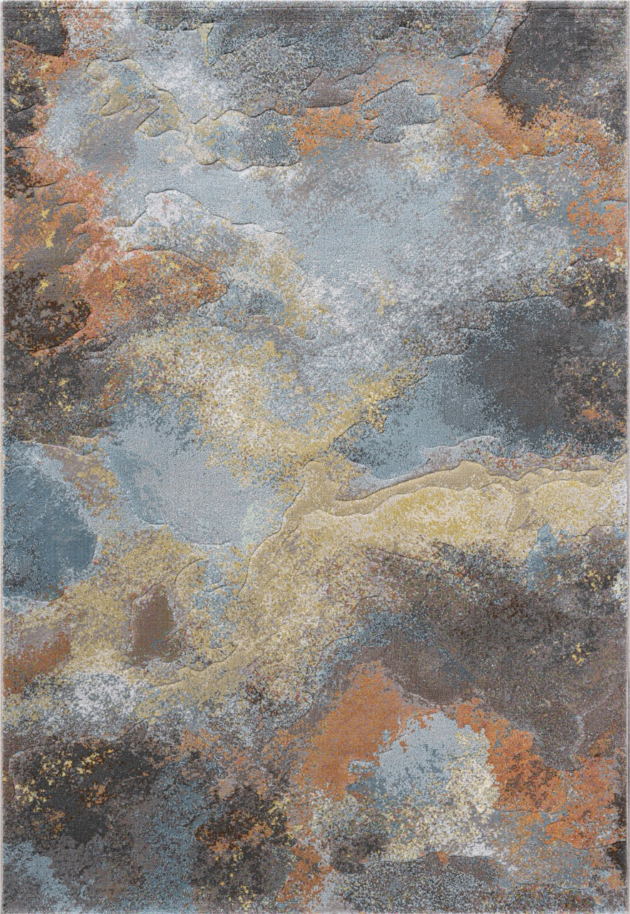 Tapison Home Torino 063.0934.7270 vloerkleed van bovenaf, abstract wolkenpatroon in grijsblauw, roestoranje en oker