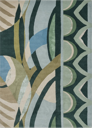 Harlequin Atelier Lagoon vloerkleed in flessengroen, zeegroen en hemelsblauw, bovenaanzicht