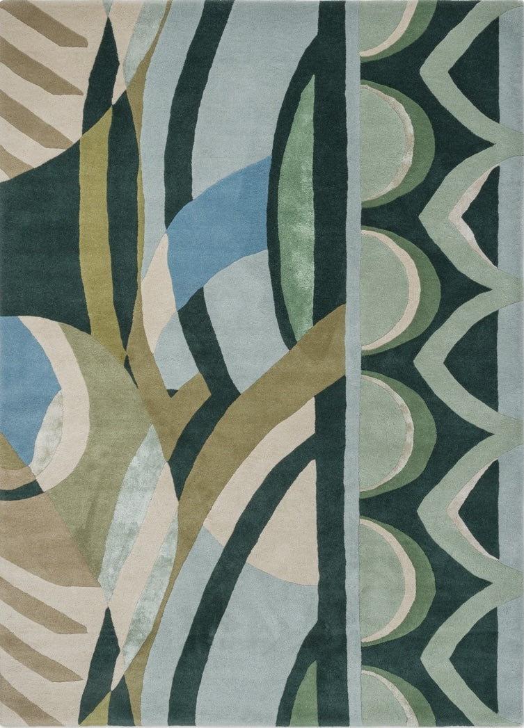 Harlequin Atelier Lagoon vloerkleed in flessengroen, zeegroen en hemelsblauw, bovenaanzicht