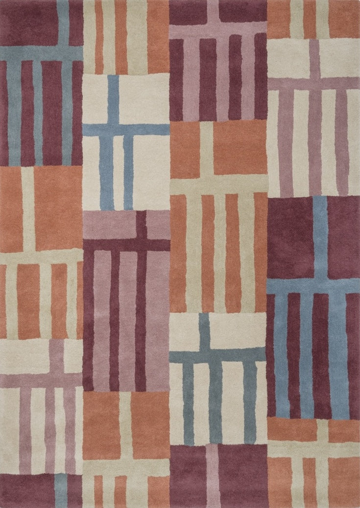 Harlequin Monolith Cinnabar Amber vloerkleed in gebrand oranje, wijnrood en jeansblauw, bovenaanzicht